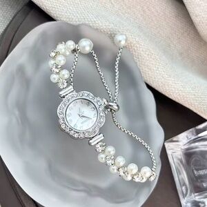 Pearl & Crystal Silver-Tone Ladies Bracelet Watch new